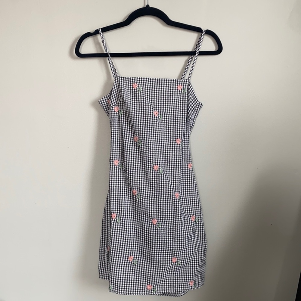 Lulus Gingham with Flowers Straight Neck Sun Dress